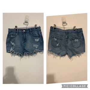 Shein light denim frayed, ripped shorts, size L